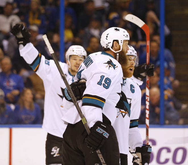The San Jose Sharks' Joe Thornton (19) and Joe Pavelski, right, have had plenty to celebrate thus far in the Western Conference final against the St. Louis Blues. JOSIE LEPE/BAY AREA NEWS GROUP (TNS)