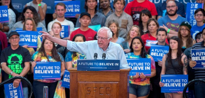 Democratic presidential candidate, Sen. Bernie Sanders, I-Vt, speaks during a campaign rally at the Santa Fe Community College, Friday May 20, 2016, in Santa Fe, N.M. Sanders was headed on to Albuquerque then Las Cruces, N.M. (Eddie Moore/The Albuquerque Journal via AP)