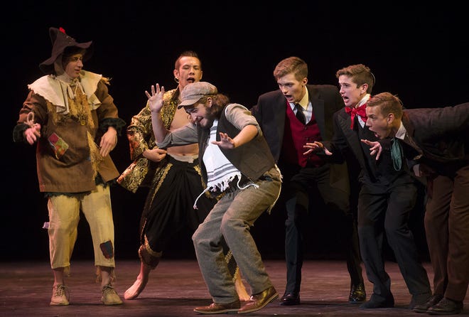 Best actor nominees perform during the Henry Mancini Musical Theatre Awards Saturday night at Lincoln Park Performing Arts Center in Midland. From left are, Ben Thompson, Kameron Mayhue, Jacob Swanson, Danny Watts, Patrick Tyson and Andy Cipriano.
