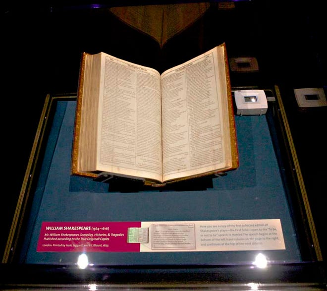 A First Folio of Shakesepeare's plays -- the first edition of works published shortly after his death in 1616 is on display at the North Carolina Museum of History through May 30.