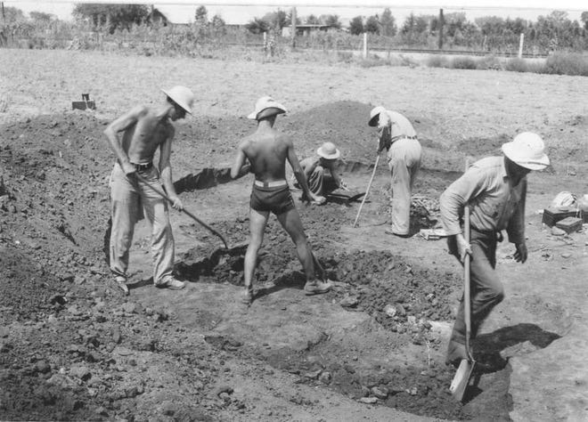 In this 1934 image, an excavation crew works at a Native American site near Manhattan. Human remains from the site are in the process of being repatriated to the Kaw Nation of Oklahoma.