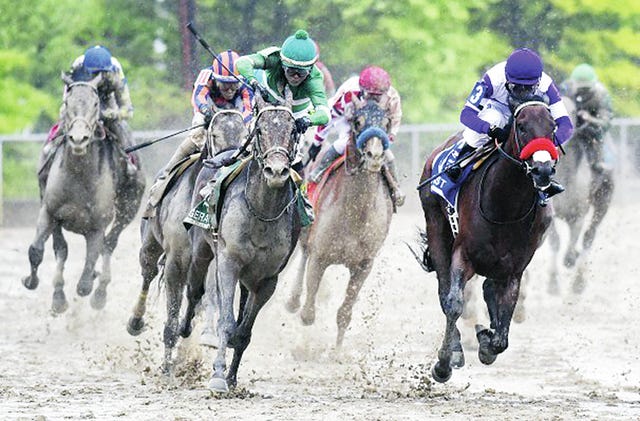 Exaggerator, with jockey Kent Desormeaux on board, claims the 141st running of the Preakness Stakes. (Jonathan Newton/The Washington Post)