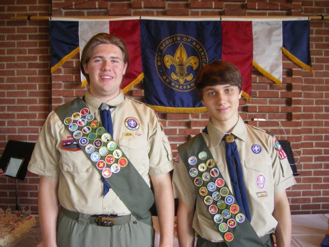 Spencer Wirth, left, and Ian Baker, both of Portsmouth, were awarded the rank of Eagle Scout on Sunday during an Eagle Scout Court of Honor held at the North Church Parish House on Spinney Road. Shir Haberman photo