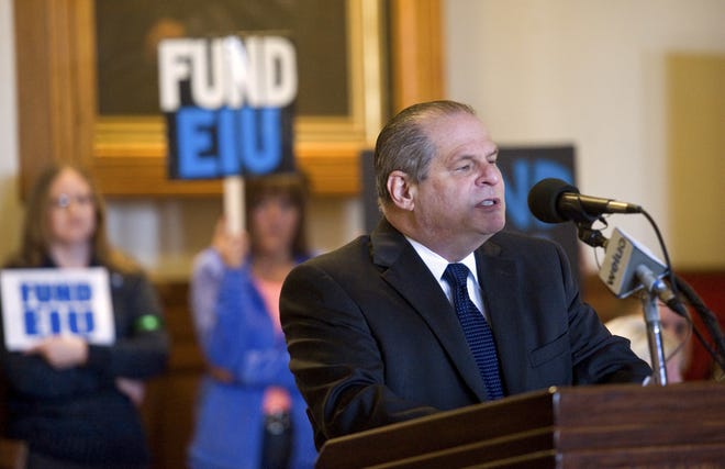 In this Feb. 23, 2016, file photo, Eastern Illinois University President David Glassman speaks at a news conference in Charleston, Ill., where officials discussed the growing impact because of the lack of state funding for schools. (Kevin Kilhoffer/Charleston Times-Courier via AP, File)