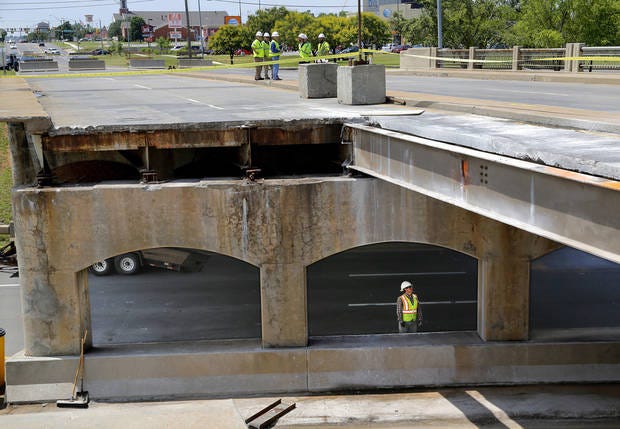 Beams like the three that must be replaced were exposed after debris from the partial collapse of the May Avenue bridge at Northwest Expressway was removed last weekend. [Photo by Jim Beckel, The Oklahoman]