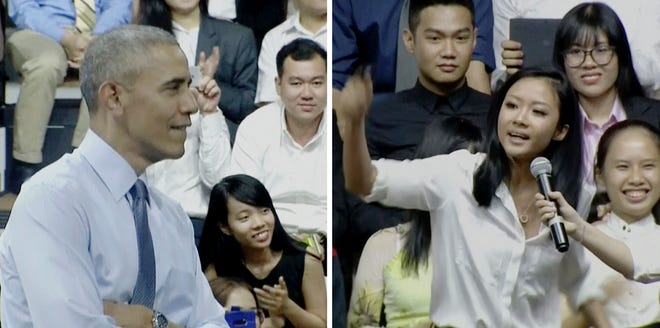 In this combination of images made from pool video, U.S. President Barack Obama, left, listens as Vietnamese rapper Suboi raps during a town-hall style event for the Young Southeast Asian Leadership Initiative (YSEALI) at the GEM Center in Ho Chi Minh City, Vietnam, Wednesday, May 25, 2016. Suboi rapped and asked Obama about the importance of governments promoting the arts and culture. (Photo via Pool Video)