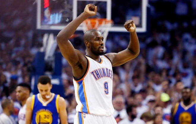 Serge Ibaka had 15 points in the first half to help the Thunder build a 72-53 lead over the Warriors.