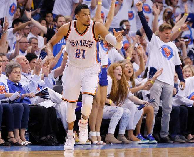 Oklahoma City's Andre Roberson (21) celebrates after a basket during Game 4 of the Western Conference finals in the NBA playoffs between the Oklahoma City Thunder and the Golden State Warriors at Chesapeake Energy Arena in Oklahoma City, Tuesday, May 24, 2016. Oklahoma City won 133-105. Oklahoma City won 118-94. Photo by Bryan Terry, The Oklahoman