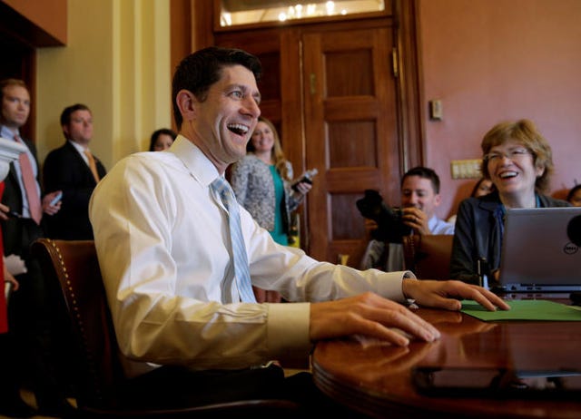 Speaker of the House Paul Ryan (R-WI) laughs as he speaks to reporters on Capitol Hill in Washington, U.S., May 25, 2016.   REUTERS/Joshua Roberts