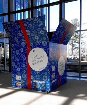 Cape Cod PATH (People Against Trafficking in Humans) is hosting the GIFT Box art installation (seen here at UMass Lowell) for the Memorial Day weekend in downtown Hyannis as walk-in public art to raise awareness about the international problem. Courtesy of Deb O'Hara