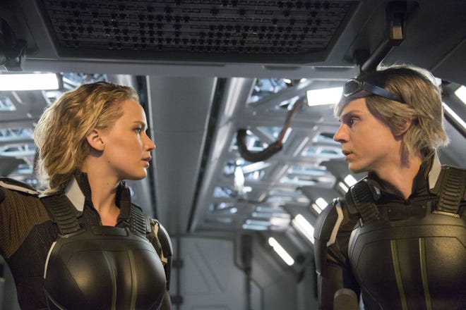 Jennifer Lawrence, left, and Evan Peters appear in a scene from, "X-Men: Apocalypse." Alan Markfield/Twentieth Century Fox via AP
