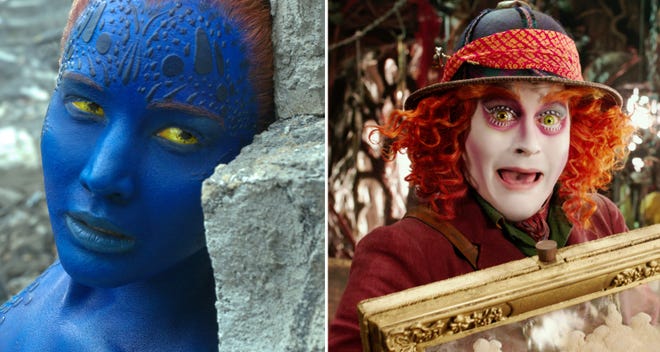 At left, Jennifer Lawrence plays Mystique in “X-Men: Apocalypse.” At right, Johnny Depp reclaims his role as the Mad Hatter in “Alice Through the Looking Glass.” Associated Press photos