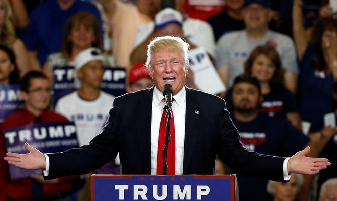 In this May 24 photo, Republican presidential candidate Donald Trump speaks at a campaign event in Albuquerque, N.M.