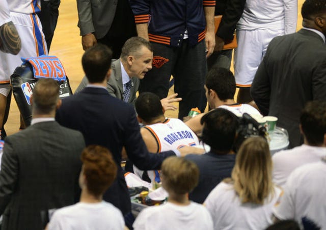 May 24, 2016; Oklahoma City, OK, USA; Oklahoma City Thunder head coach Billy Donovan speaks to his team during a timeout from action against the Golden State Warriors during the fourth quarter in game four of the Western conference finals of the NBA Playoffs at Chesapeake Energy Arena. Mandatory Credit: Mark D. Smith-USA TODAY Sports