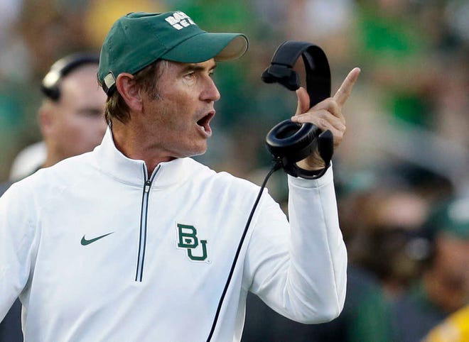 Former Baylor coach Art Briles yells from the sideline during the first half of a game against Lamar in Waco last season. Briles was fired by the school on Thursday.