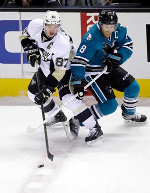 Sidney Crosby (left) and Pittsburgh will square off with Joe Pavelski and San Jose in the Stanley Cup Final, which will begin Monday night on the Penguins' home ice.