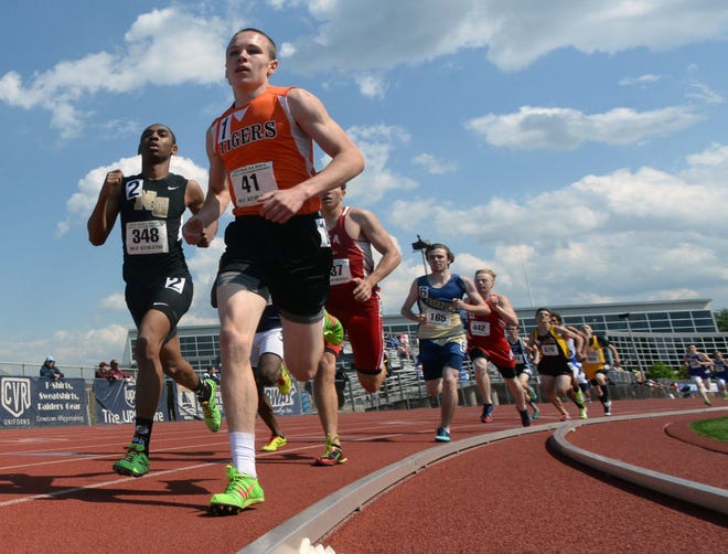 Beaver Falls' Domenic Perretta leads a group of runners during the 2015 PIAA Track and Field Championships at Shippensburg University.