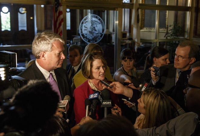 Illinois House Minority Leader Jim Durkin, R-Western Springs, and Illinois Senate Minority Leader Christine Radogno, R-Lemont, address the media after a leaders meeting in the office of Illinois Gov. Bruce Rauner at the Illinois State Capitol, Thursday, May 26, 2016, in Springfield, Ill. The Republican leaders said that the Democrats had reengaged in the working groups. Justin L. Fowler/The State Journal-Register