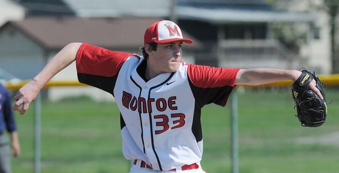 Monroe's Alec Schmidt pitches against Bedford earlier this season. (Monroe News photo by TOM HAWLEY)