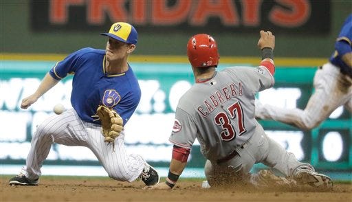 Milwaukee Brewers' Aaron Hill tags out Cincinnati Reds' Ramon Cabrera as he is caught stealing second during the fifth inning of a baseball game Friday, May 27, 2016, in Milwaukee. (AP Photo/Morry Gash)