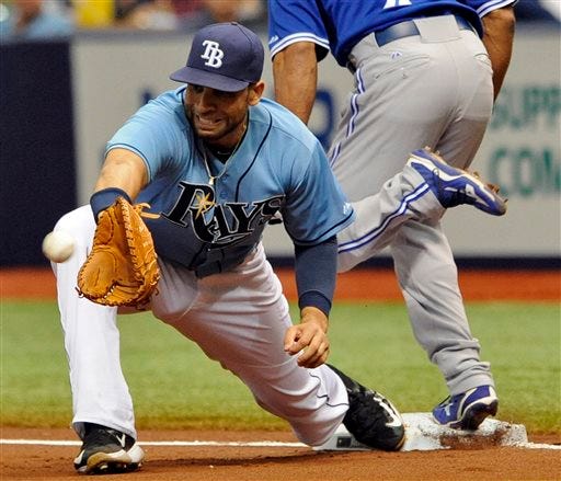 FILE - In this Oct. 4, 2015, file photo, Tampa Bay Rays first baseman James Loney reaches for the late throw as Toronto Blue Jays' Ben Revere is safe with an infield base hit during the first inning of a baseball game in St. Petersburg, Fla. The New York Mets have found help at first base following Lucas Duda's injury, acquiring veteran James Loney from the San Diego Padres for cash on Saturday, May 28, 2016. The 32-year-old Loney hit .280 with four homers, 16 doubles and 32 RBIs in 104 games with Tampa Bay last year. The Rays released him April 3 and he signed with the Padres on April 8. (AP Photo/Steve Nesius, File))