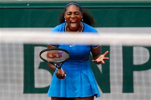 Serena Williams of the U.S. reacts as she plays Brazil's Teliana Pereira during their second round match of the French Open tennis tournament at the Roland Garros stadium, Thursday, May 26, 2016 in Paris. (AP Photo/Michel Euler)