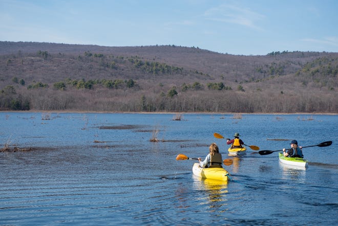 Gay Donofrio of Bethel, Pat Halprin of Loch Sheldrake and Eileen Kalter kayak at the Basha Kill Wildlife Refuge in Wurtsboro. Tourists will be flocking to the Hudson Valley and Catskills in the coming months to take advantage of the many outdoor and indoor attractions. TIMES HERALD-RECORD FILE PHOTO
