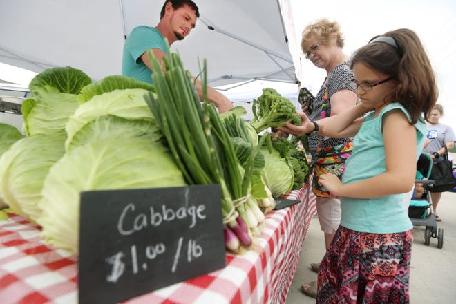Connie Miller and Rylee Miller, 8, look at produce at the Tin Bucket Farms booth at the South Hutchinson Farmers Market.