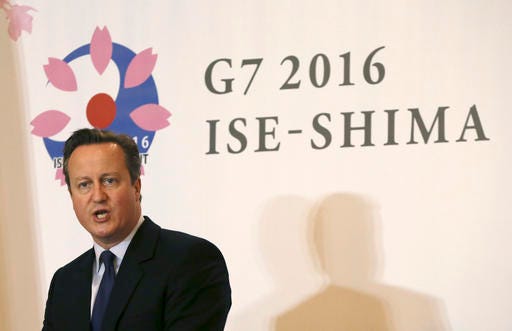 Britain's Prime Minister David Cameron speaks during a press briefing following the G-7 summit in Shima, central Japan, Friday, May 27, 2016. A possible exit from the European Union by Britain, depending on a June 23 vote, is also hanging over the talks. (AP Photo/Eugene Hoshiko)