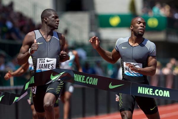 Kirani James of Grenada wins the menÃ¢Â?Â?s 400 in 44.22, holding off LaShawn Merritt at the 2016 Prefontaine Classic at the University of Oregon's Hayward Field in Eugene, Ore., on Saturday, May 28, 2016. (Carl Davaz/The Register-Guard)