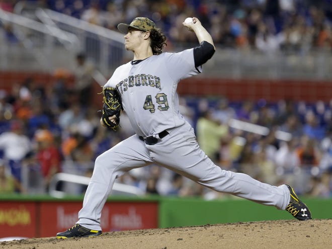 Pirates' pitcher Jeff Locke (49) tossed a complete game shutout against the Marlins on Monday.
