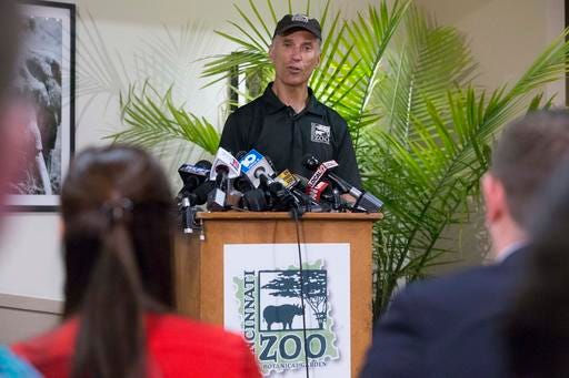 Thane Maynard, director of the Cincinnati Zoo & Botanical Garden, speaks during a news conference, Monday, May 30, 2016, in Cincinnati. A gorilla named Harambe was killed by a special zoo response team on Saturday after a
 4-year-old boy slipped into an exhibit and it was concluded his life was in danger. (AP Photo/John Minchillo)
