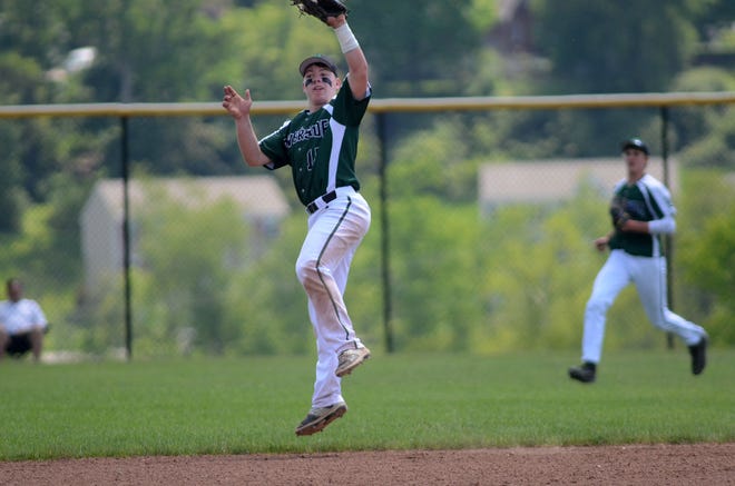 Riverside second baseman Ricky Wass leaps up for a pop up during the Panthers' 2-0 win over Keystone Oaks on May 24 at Burkett Park in Robinson Township.
