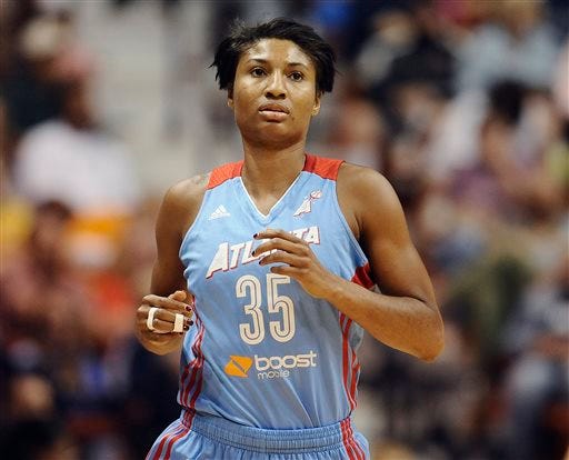 FILE - In this Aug. 23, 2015, file photo, Atlanta Dream’s Angel McCoughtry jogs up court during the first half of a WNBA basketball game in Uncasville, Conn. The Dream, who are led by AP player of the week Angel McCoughtry, are off to best start since 2013 when they won 10 of their first 11 games. (AP Photo/Jessica Hill, FileP