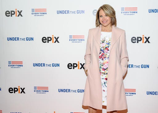 FILE - In this May 12, 2016, file photo, Katie Couric attends the premiere of her documentary, "Under The Gun", hosted by The Cinema Society in New York. Couric has taken responsibility for what she calls a decision that misrepresents the response of gun rights activists to a question she posed in the documentary. (Photo by Christopher Smith/Invision/AP, File)