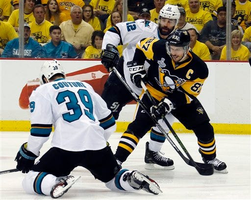 Pittsburgh Penguins' Sidney Crosby (87) tries to pass against San Jose Sharks' Logan Couture (39) and Patrick Marleau (12) during the first period of Game 1 of the Stanley Cup final series Monday, May 30, 2016, in Pittsburgh. (AP Photo/Keith Srakocic)