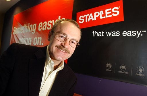 FILE- In this March 5, 2003, file photo, Staples Inc. CEO Ron Sargent poses for a photo at Staples' headquarters in Framingham, Mass. Staples Inc. says Sargent will step down as chief executive. The Framingham, Massachusetts-based office supplies retailer said Tuesday, May 31, 2016, that Staples executive Shira Goodman, the president of operations in North America, will become interim CEO. (AP Photo/Chitose Suzuki, File)