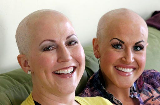 In this Thursday, May 26, 2016, photo, Annette Page, left, and her sister Sharee Page, pose for a photograph at Sharee's home during an interview, in Farmington, Utah. The two Utah sisters have received a breast cancer diagnosis within about two weeks of one another, a coincidence that doctors say is extremely rare, but gives them the chance to undergo chemotherapy together, shave each other's heads and discuss their identical symptoms. (AP Photo/Rick Bowmer)