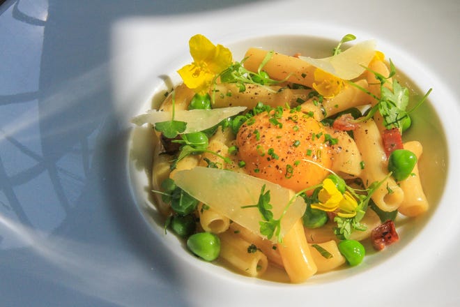 Pasta is a new category at Persimmon, which expanded its menu in the move from Bristol to Providence. This house-made penne is served with guanciale, egg, peas and pecorino cheese. The Providence Journal/David DelPoio