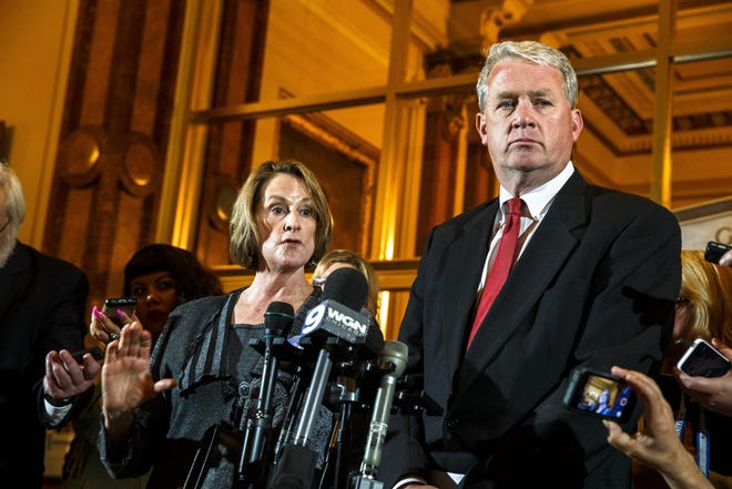 Illinois Senate Minority Leader Christine Radogno, R-Lemont, and Illinois House Minority Leader Jim Durkin, R-Western Springs, hold a press conference outside Illinois Gov. Bruce Rauner's office after a leaders meeting on the final day of the spring legislative session at the Illinois State Capitol, Tuesday, May 31, 2016, in Springfield, Ill. Justin L. Fowler/The State Journal-Register