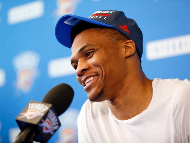 Oklahoma City's Russell Westbrook (0) speaks to the press during exit interviews for the Oklahoma City Thunder at the team's practice facility in Oklahoma City, Wednesday, June 1, 2016. Photo by Nate Billings, The Oklahoman