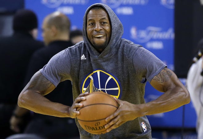 Golden State Warriors' Andre Iguodala goes through drills during NBA basketball practice Wednesday, June 1, 2016, in Oakland, Calif. The Warriors host the Cleveland Cavaliers in Game 1 of the NBA finals on Thursday. (AP Photo/Marcio Jose Sanchez)