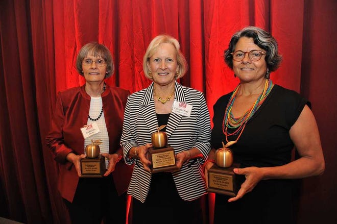 Bruce.Lipsky@jacksonville.com Winners honored at the 47th EVE Awards Luncheon Thursday included Barbara Drake (from left), Courtenay Wilson for lifetime achievement and Nadia Hionides. Sherry Magill also was named a winner but was unable to attend the luncheon at the Hyatt Regency Jacksonville Riverfront.