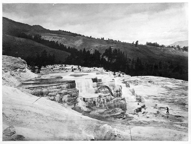 Pioneer photographer William Henry Jackson took this photograph of Minerva Terrace during the 1871 United States Geological Survey of the Territories, lead by Ferdiand Hayden, at Mammoth Hot Springs in the region that would become Yellowstone National Park.