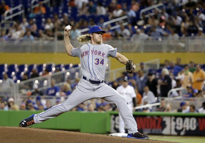 Mets hurler Noah Syndergaard struck out nine and allowed two runs and six hits in seven innings in New York's 6-2 win over the Miami Marlins on Friday. Associated Press