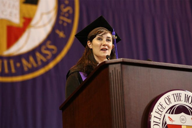 Melrose’s Emily Conn at the College of the Holy Cross commencement May 27. Photo courtesy College of the Holy Cross / Dan Vaillancourt