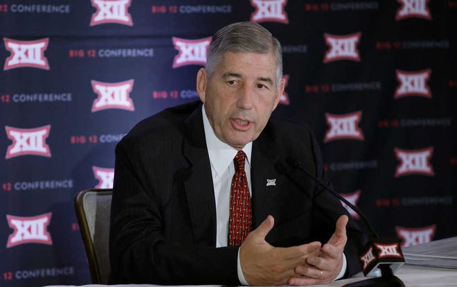 Commissioner of the Big 12 Bob Bowlsby speaks to reporters after the first day of the Big 12 sports conference meeting in Irving, Texas, Wednesday, June 1, 2016. (AP Photo/LM Otero)