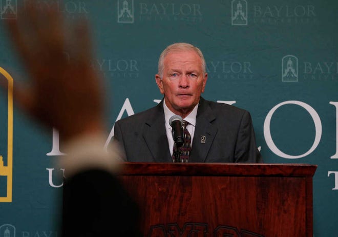 Baylor interim head football coach Jim Grobe talks with reporters during a news conference, Friday, June 3, 2016, in Waco, Texas. Grobe replaces former head coach Art Briles who was fired last week. (Rod Aydelotte/Waco Tribune Herald, via AP)