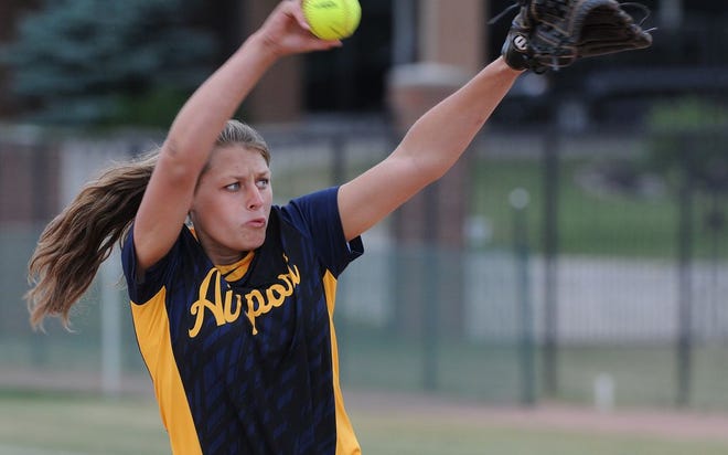 Emily Bindus of Airport was in total control on the mound as they beat Ida in the Division 2 District finals at Flat Rock Saturday. (Monroe News photo by TOM HAWLEY)