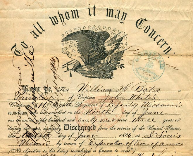 This is a detail of the military discharge of William H. Bates of Pekin, a printer and historian who served in the Eighth Missouri Infantry during the Civil War.